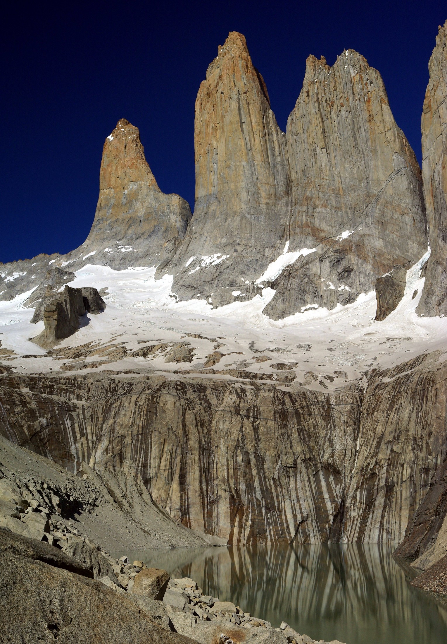 A vertical panorama of the Torres del Paine, in Chile's Torres del Paine National Park. | Torres del Paine National Park in Chile